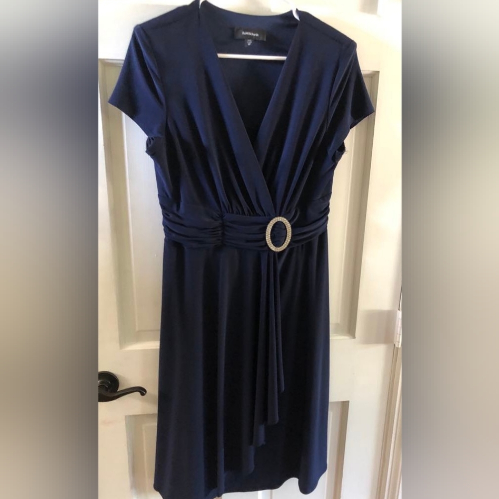 R&M Richards Navy Blue Cascade Faux Wrap Midi Dress Rhinestone Accent  Size 12